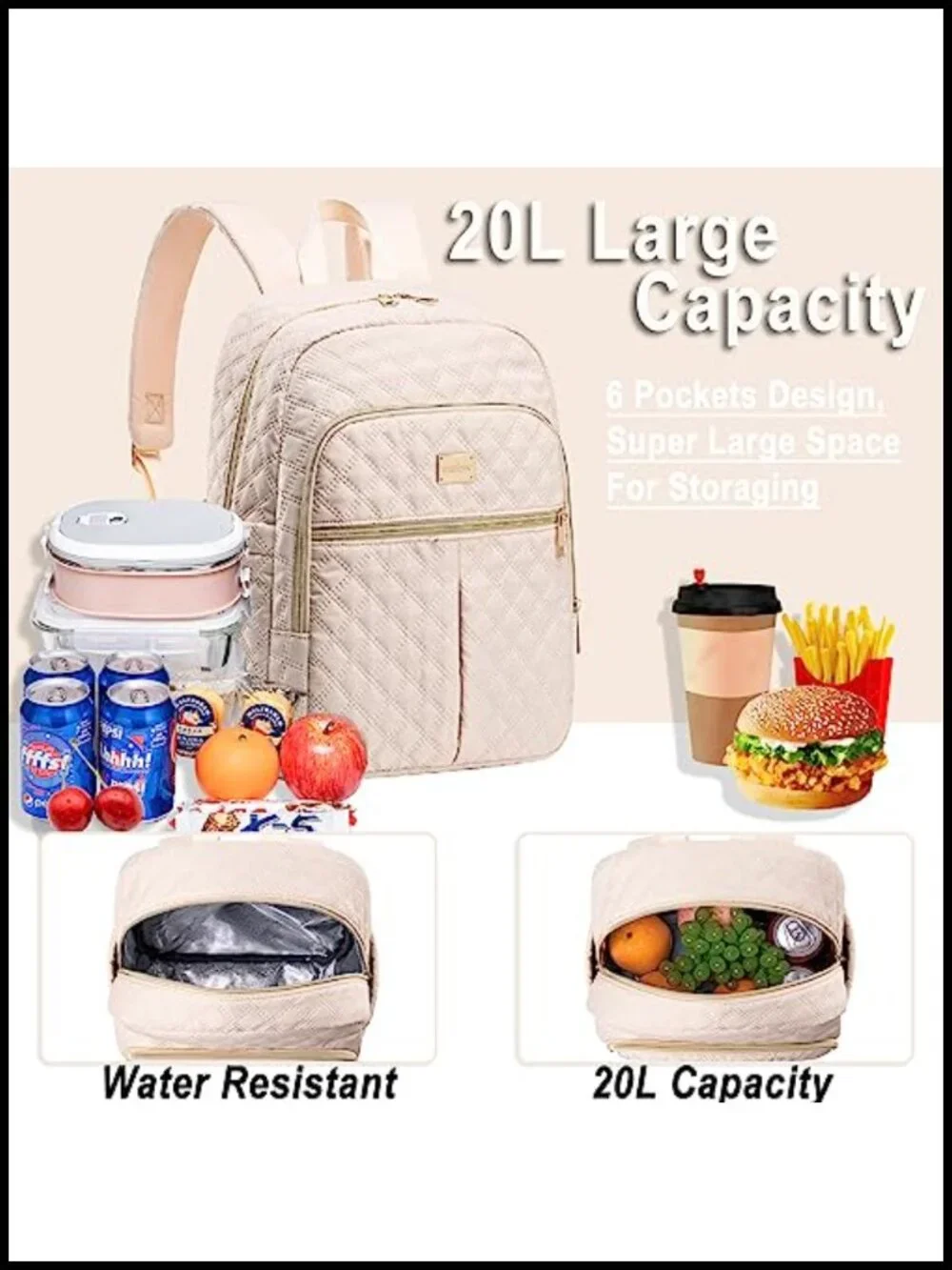 Insulated Lunch Backpack Cooler Bag 20L Waterproof for Work Picnic Hiking
